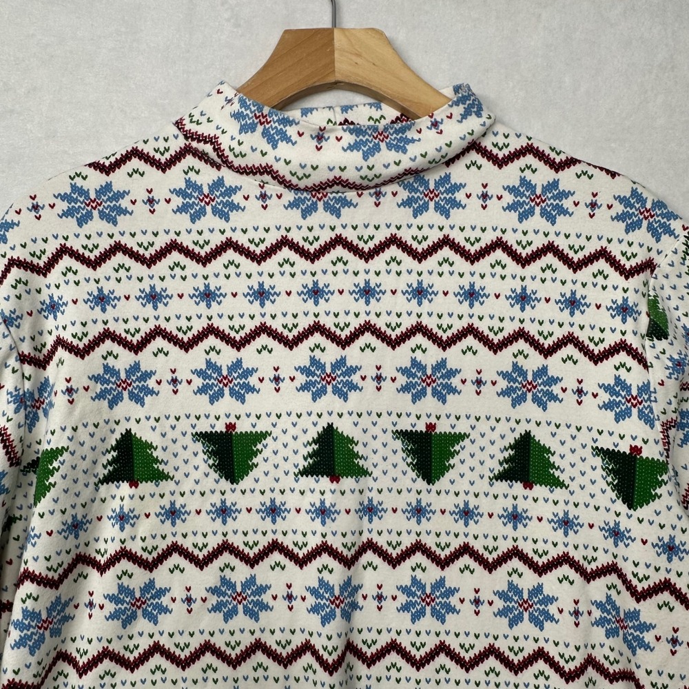 Vtg CST Sport Womens 1X White Christmas‎ Trees Snowflakes Mock Neck Long Sleeve